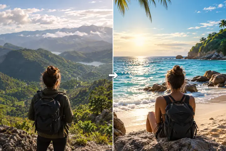 Before-and-after landscape photographs showing a traveler overlooking green mountains and then a sunny ocean beach.