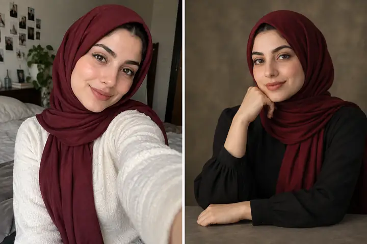 Side-by-side comparison of a woman in a burgundy headscarf taking a casual selfie and sitting for a composed studio portrait.