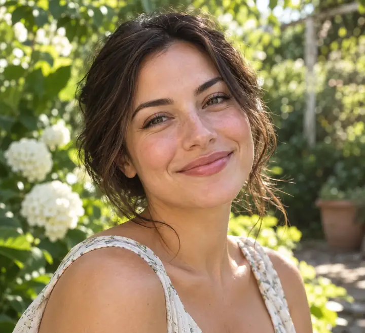 A smiling woman in a denim shirt outdoors, framed against a soft green garden background.