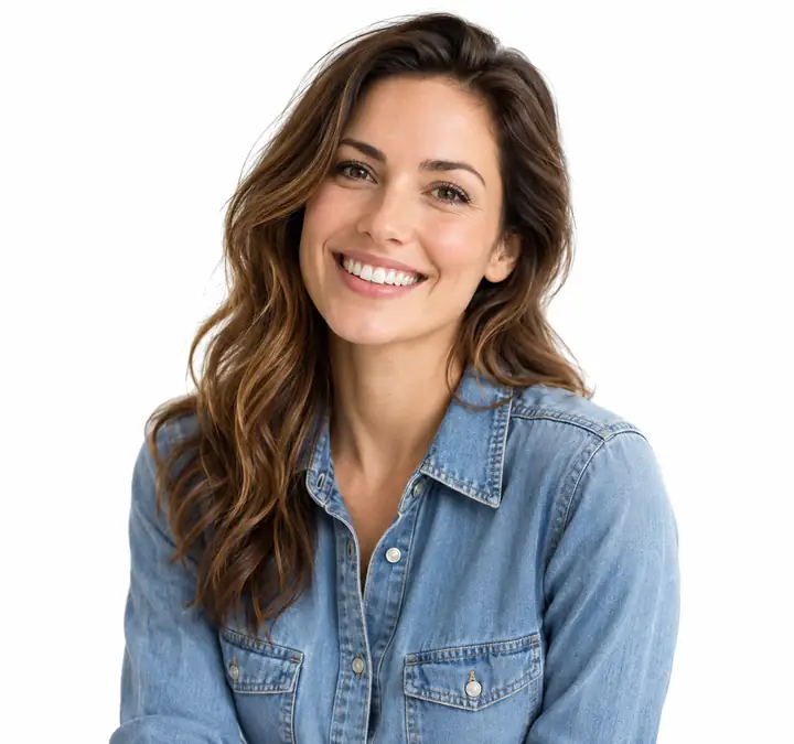 The woman in a denim shirt smiling against a crisp white studio background after the garden has been removed.