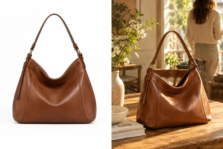 Before-and-after product photography showing a brown leather handbag first on plain white, then in a warm sunlit interior.