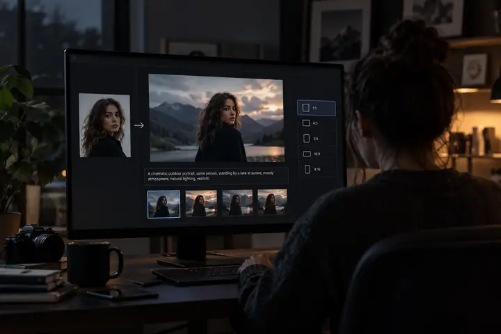 A realistic dark image-editing interface showing a portrait thumbnail, a descriptive text prompt, and aspect-ratio controls.